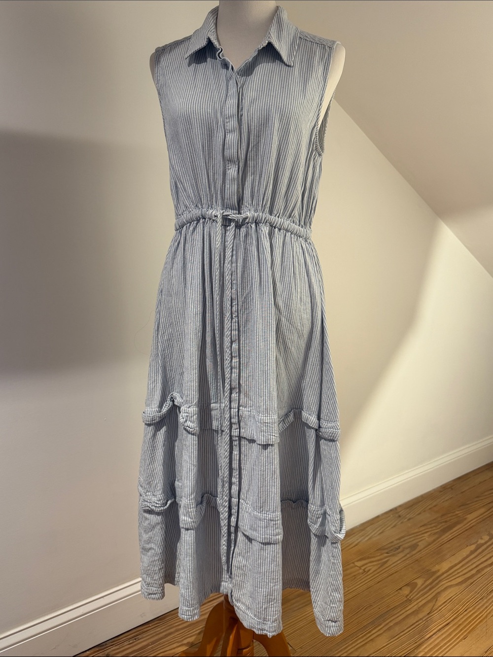 Calvin Klein Light Blue & White Striped Sleeveless Tiered Maxi Dress